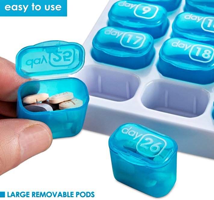 31 Day Pill Organizer w/Large Removable Medication Pods, Portable Pill Box