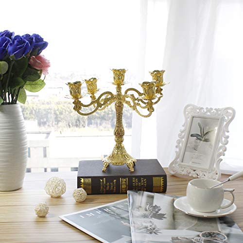 5-Candle Metal Candelabra Centerpiece Candle Stand Home Decoration for Event, Wedding, Party, Tulip Pattern-Gold