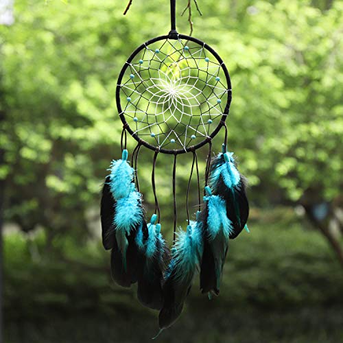 Handmade Dream Catcher w/ Bicolor Mesh Dreamcatcher Black Turquoise Feather 19.7"