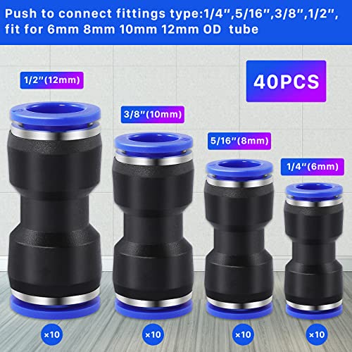 40PCS Straight Push Connectors, Quick Release Pneumatic Connectors Air Line Fittings