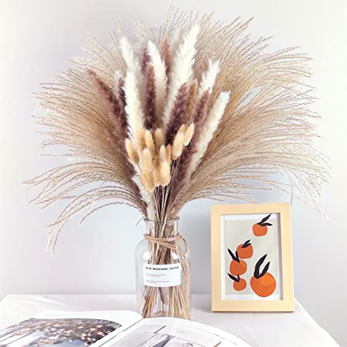 Pampas Grass Boho Home Decor, Premium Carefully Hand-Picked Natural Dried Fluffy Pompas Grass 17", White & Brown Pampas Grass, Reed, Bunny Tails for Flower Arrangements Boho Wedding Home Décor