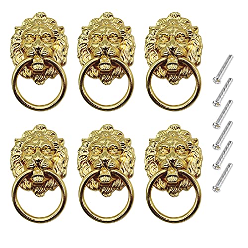 6 Pack - Dresser Drawer Cabinet Lion Head Pull Handle Knobs, With Drawer Ring - GOLD