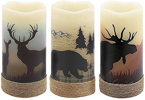 3 PACK - Flameless Flickering Candles Deer, Moose, Bear -  Battery Operated LED Pillar Candle