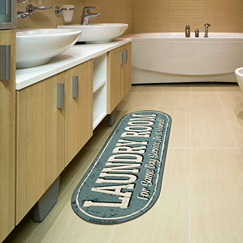 Teal Laundry Room Rug Runner Mat Non-Slip Stain Resistant Wash Room, Oval 20"x59"