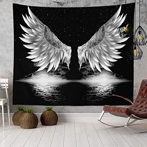 Black & White Aesthetic Trippy Boho Psychedelic Tapestry Angel Wing Art - 60"x52"