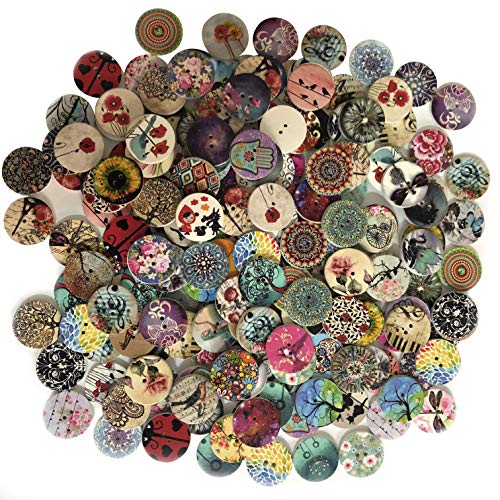 200Pc Wood Button for Crafts,20mm Vintage Style Buttons Mixed Pattern Wooden Button Round Flower